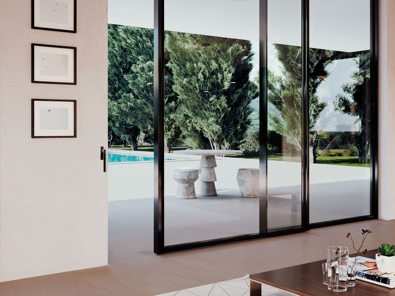 Dettaglio infisso scorrevole alzante Cosmet Group Prime in alluminio con profili sottili e grandi vetrate