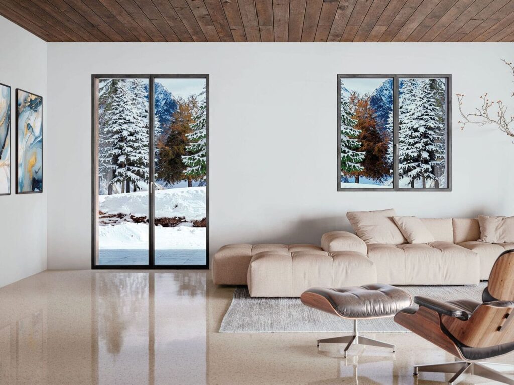 Infisso battente Cosmet Group Prime in alluminio con vista neve isolamento termico casa moderna