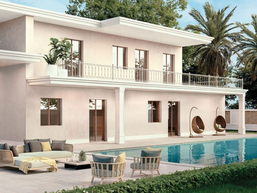 Infissi battenti Cosmet Group Prime in alluminio installati su villa moderna con grandi vetrate