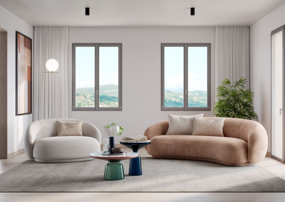 Finestre Prolux Più Oknoplast in soggiorno contemporaneo
