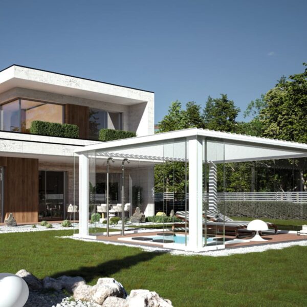 BT Group R608 Pergosky: pergola bioclimatica con sistema tuttovetro scorrevole