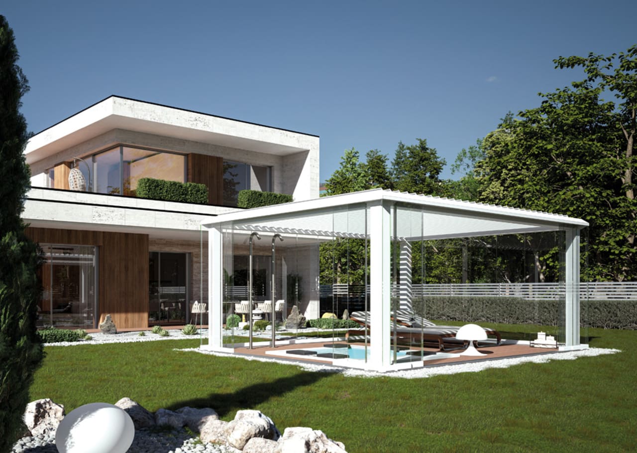 BT Group R608 Pergosky BT Group R608 Pergosky: pergola bioclimatica con sistema tuttovetro scorrevole